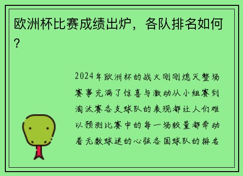 欧洲杯比赛成绩出炉，各队排名如何？